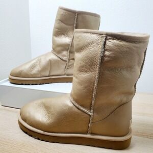 UGG Australia Classic Short Metallic Gold Leather Boots Size 10 Style 5842
